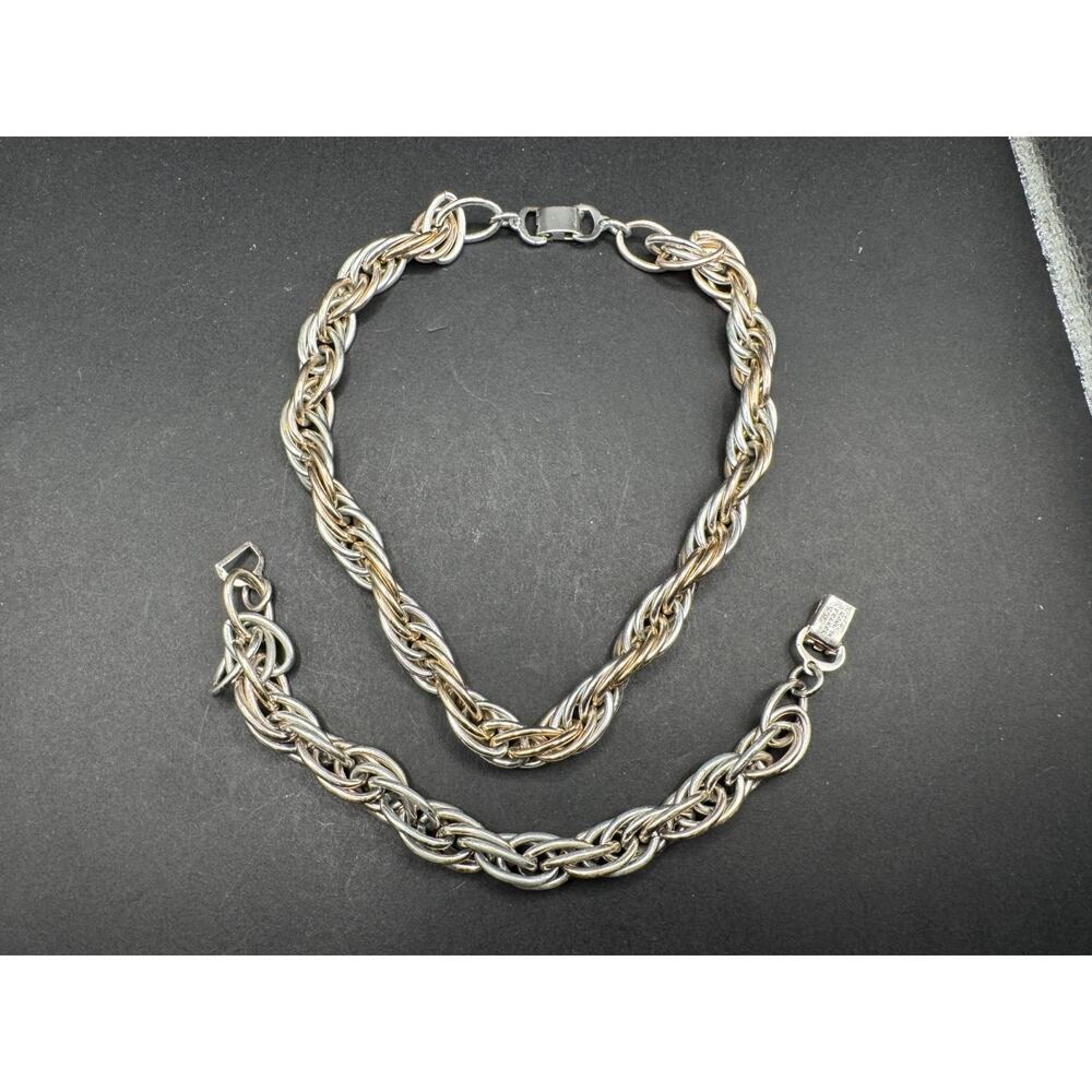 Vtg Trifari Silver and Gold Tone Twist Rope Necklace and Bracelet Set 14" & 7.25